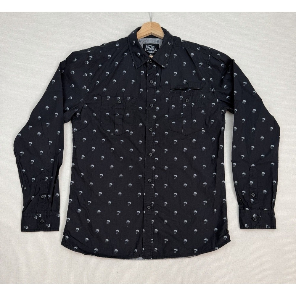 Royal Premium Men's Skull Button Up Front Pockets Black Shirt Size M Long Sleeve